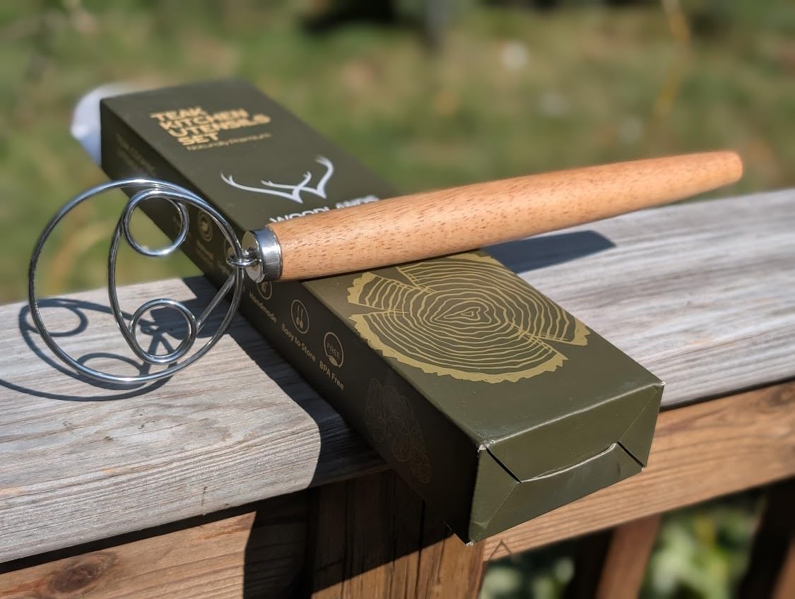 WOODLANDS USA Danish Dough Whisk for sourdough 13 Inch - 304 Stainless Steel Hook with Long Wooden Handle – Essential bread whisk, artisan mixing & bread making