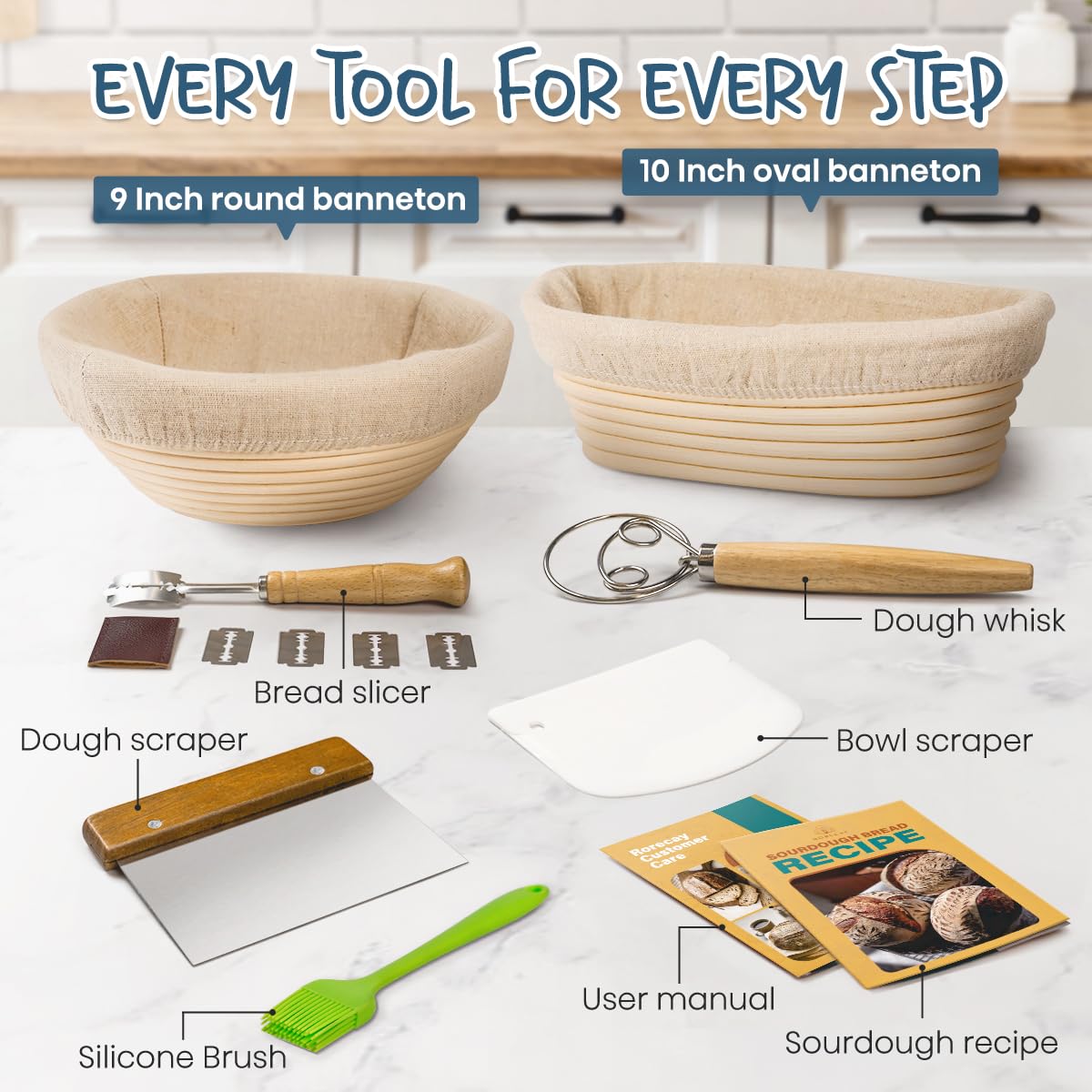 RORECAY Bread Banneton Proofing Basket Set, 9 Inch Round & 10 Inch Oval Cane Sourdough Baskets with Dough Whisk Lame Dough Scraper Bowl Scraper Silicone Brush Sourdough Bread Baking Supplies