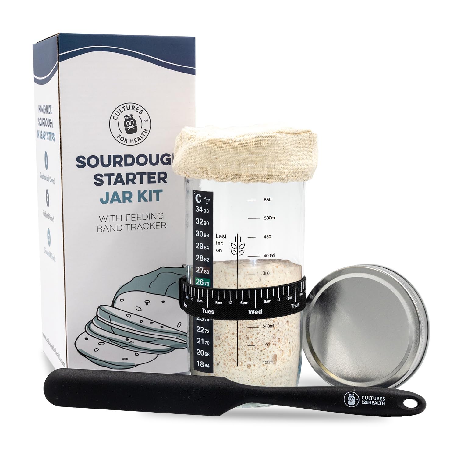 Cultures For Health Sourdough Starter Jar Kit | Easy DIY Breadmaking Kit for Sourdough Bread | Essential Baking Supplies for Homemade Bread | Glass Jar With Spatula Baking Set | Fermentation Set
