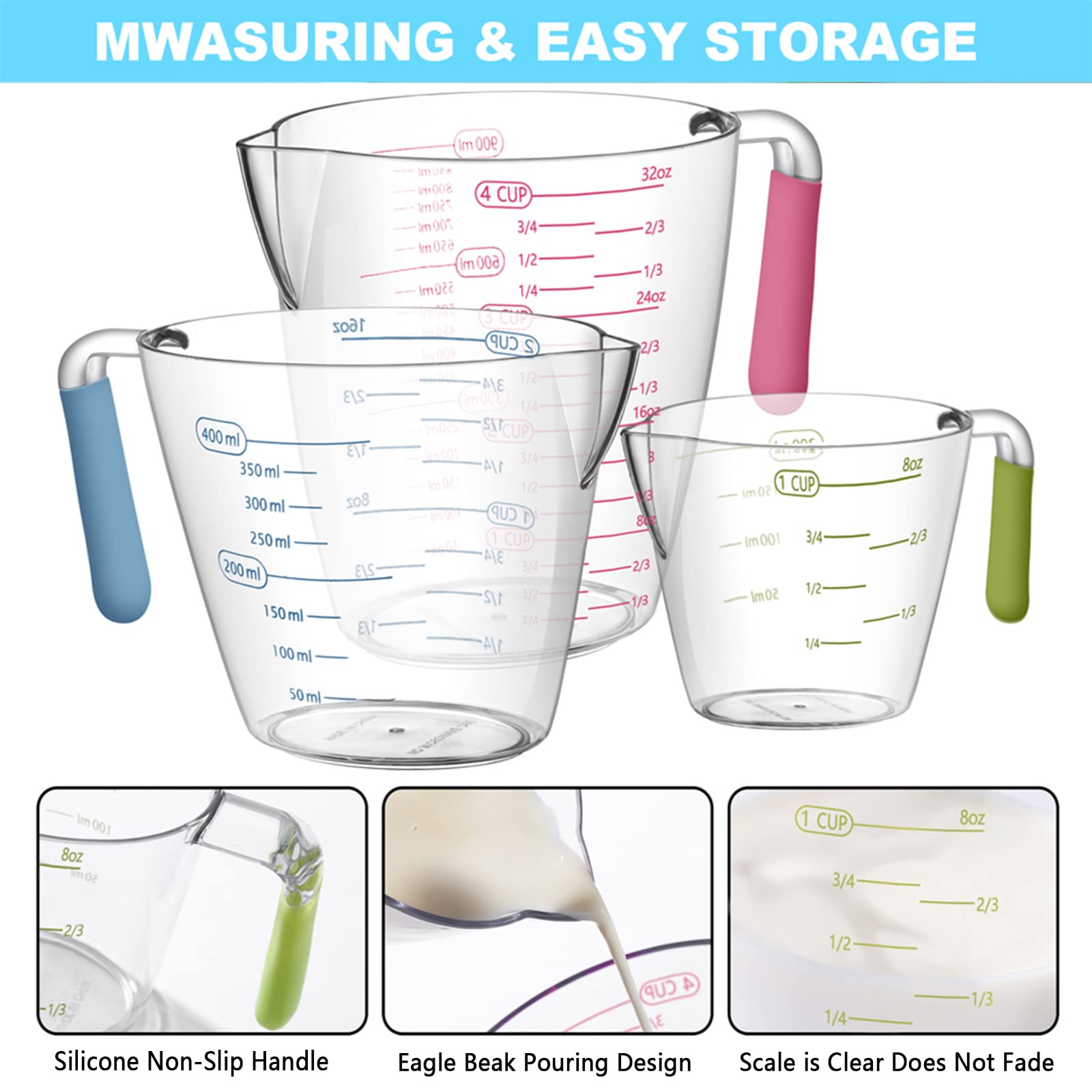 AIKEXIN 20-Piece Measuring Cups and Spoons Set, Nesting Stainless Steel Measuring Cups Spoons with Plastic Measuring Cup for Dry and Liquid Ingredients, Kitchen Cooking & Baking Gadgets