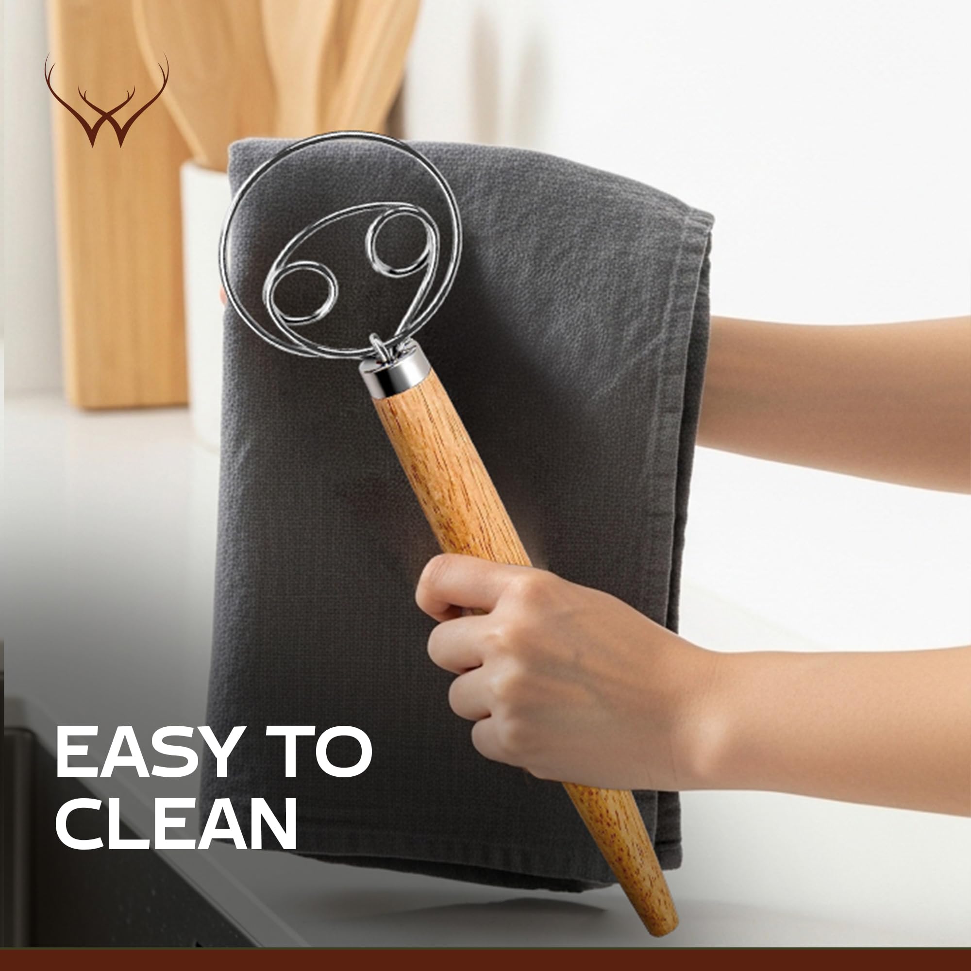 WOODLANDS USA Danish Dough Whisk for sourdough 13 Inch - 304 Stainless Steel Hook with Long Wooden Handle – Essential bread whisk, artisan mixing & bread making