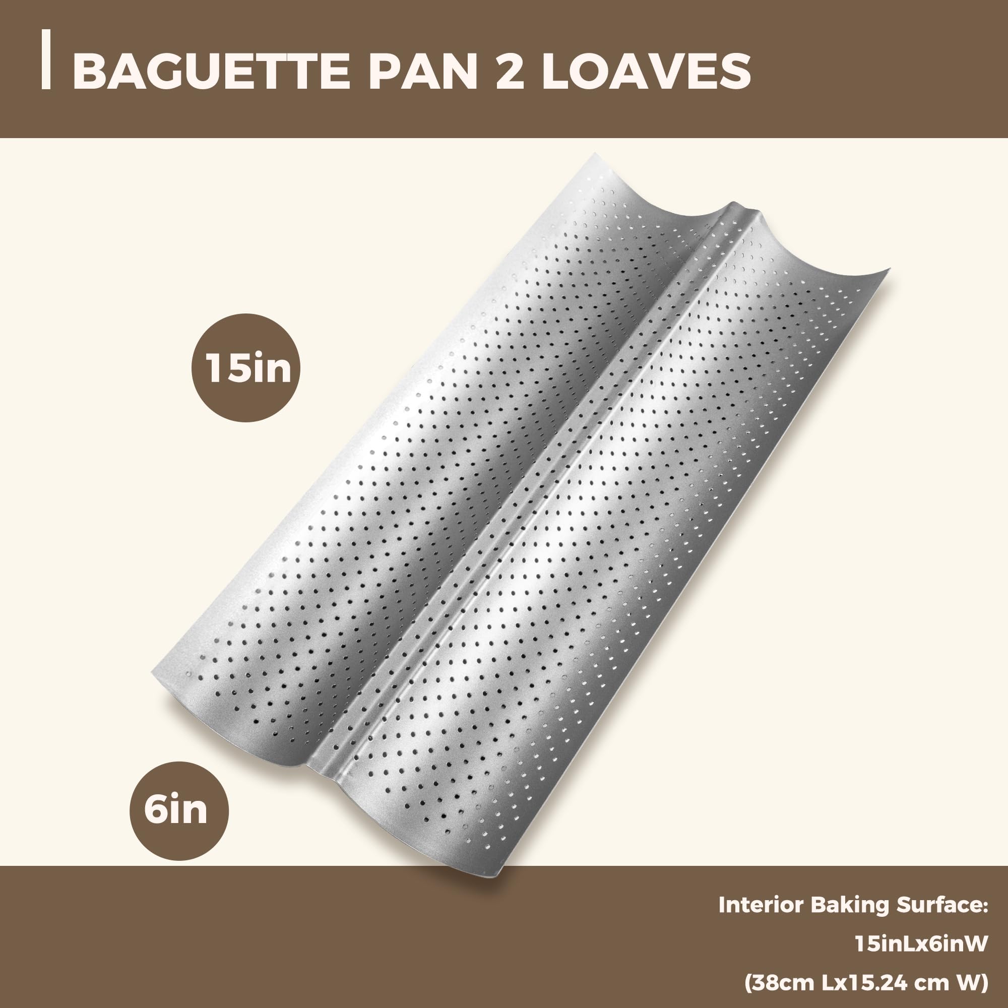 KITESSENSU Nonstick Baguette Pans for French Bread Baking, Perforated 2 Loaves Baguettes Bakery Tray, 15" x 6.3", Silver