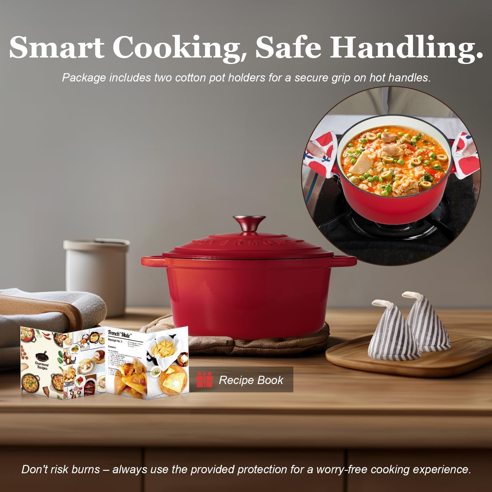 Overmont 5.5QT Enameled Cast Iron Dutch Oven with Lid Cookbook Heavy-Duty Casserole with Dual handles for Braising, Stews, Roasting, Bread Baking