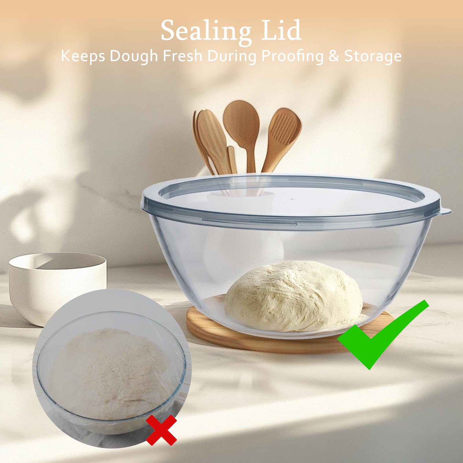 Ajrwiiy Large Glass Bowl for Sourdough Bread Making, 4.7 Quart Glass Mixing Bowl for Sourdough Bread with Lid, Clear Breads Proofing Bowl with Covers, Ideal for Kitchen, Storage