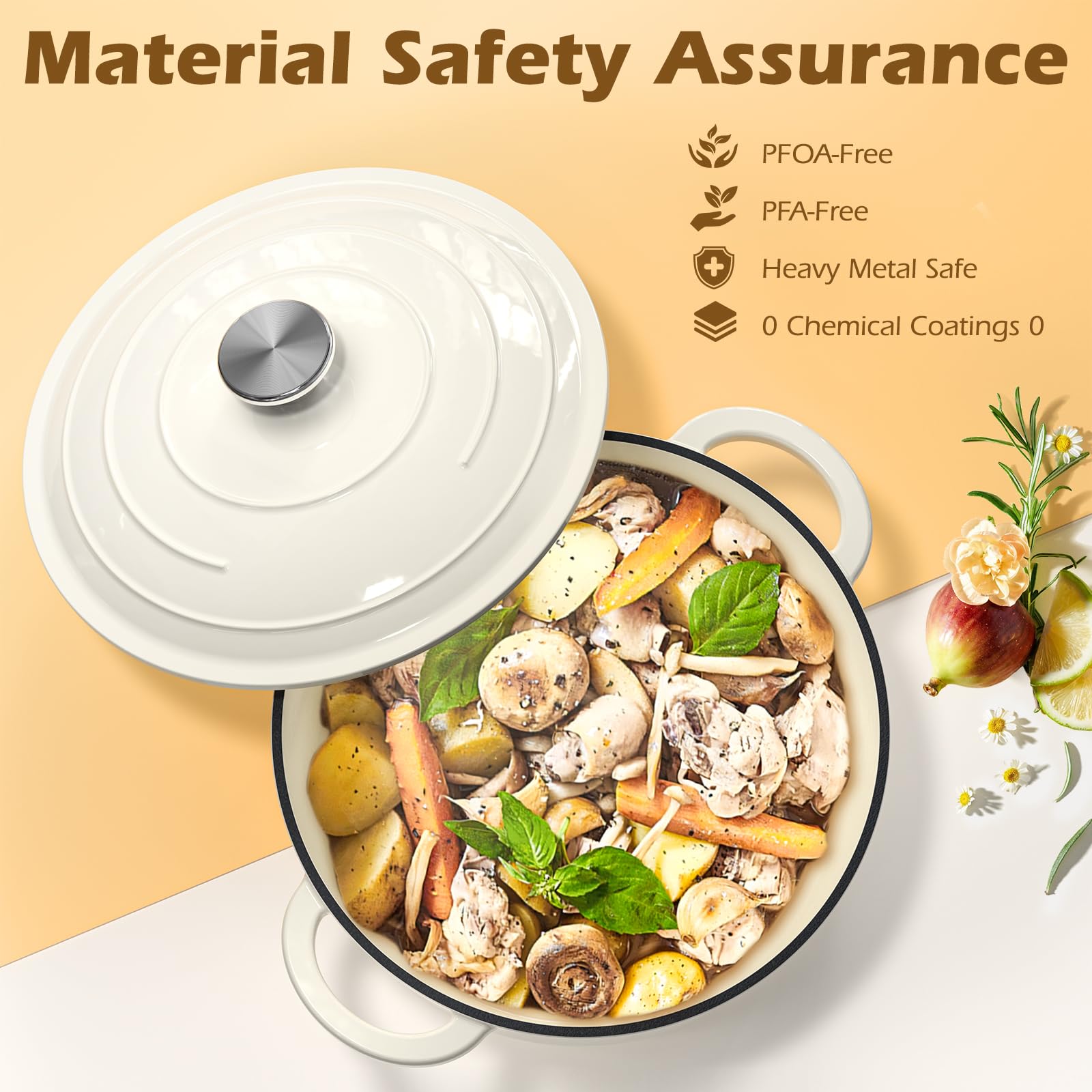 Enameled Cast Iron Dutch Oven - Umite Chef 5QT Pot with Lid & Cotton Potholders - Heavy-Duty Cookware for Bread Baking, Braising, Stews, Roasting(Cream White)