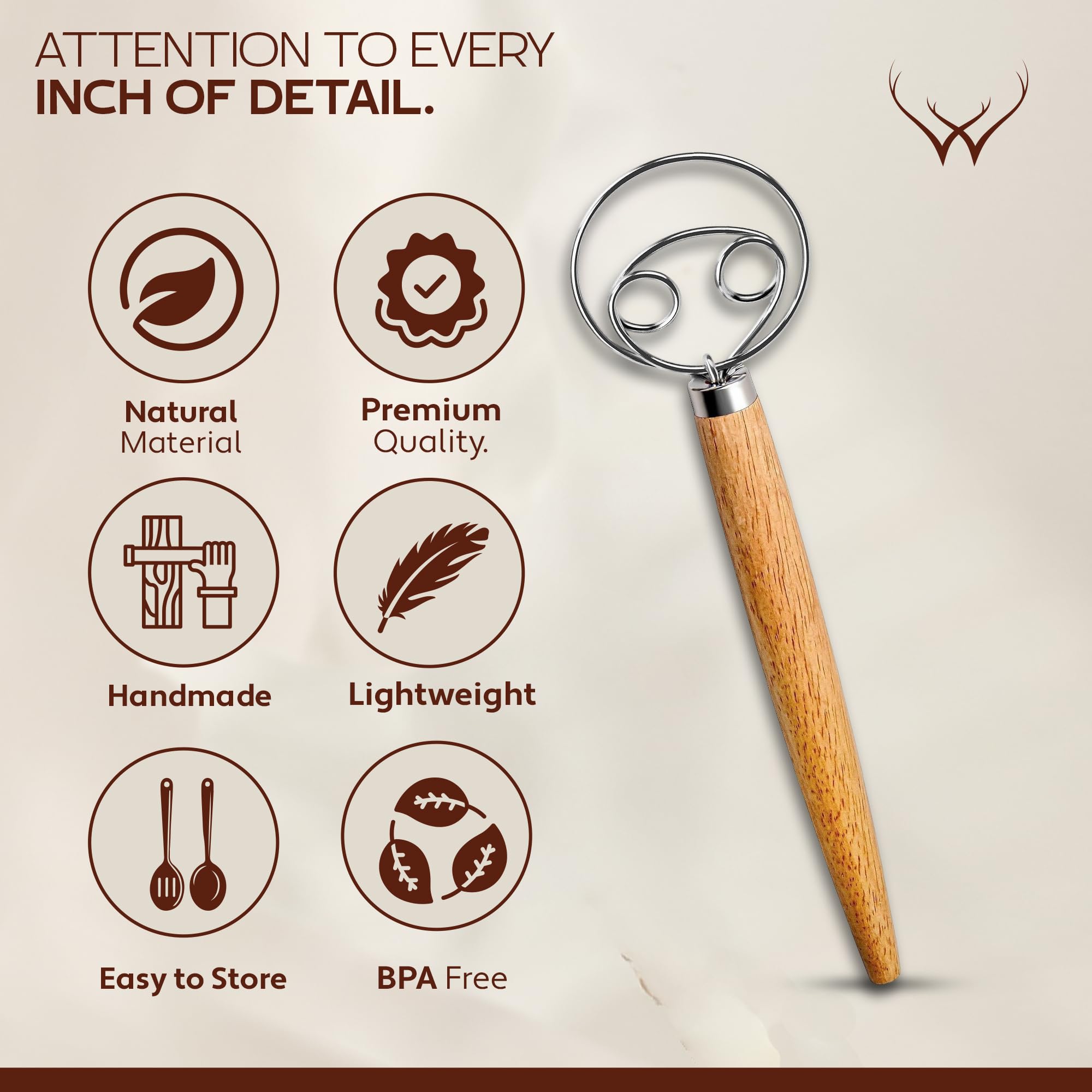 WOODLANDS USA Danish Dough Whisk for sourdough 13 Inch - 304 Stainless Steel Hook with Long Wooden Handle – Essential bread whisk, artisan mixing & bread making