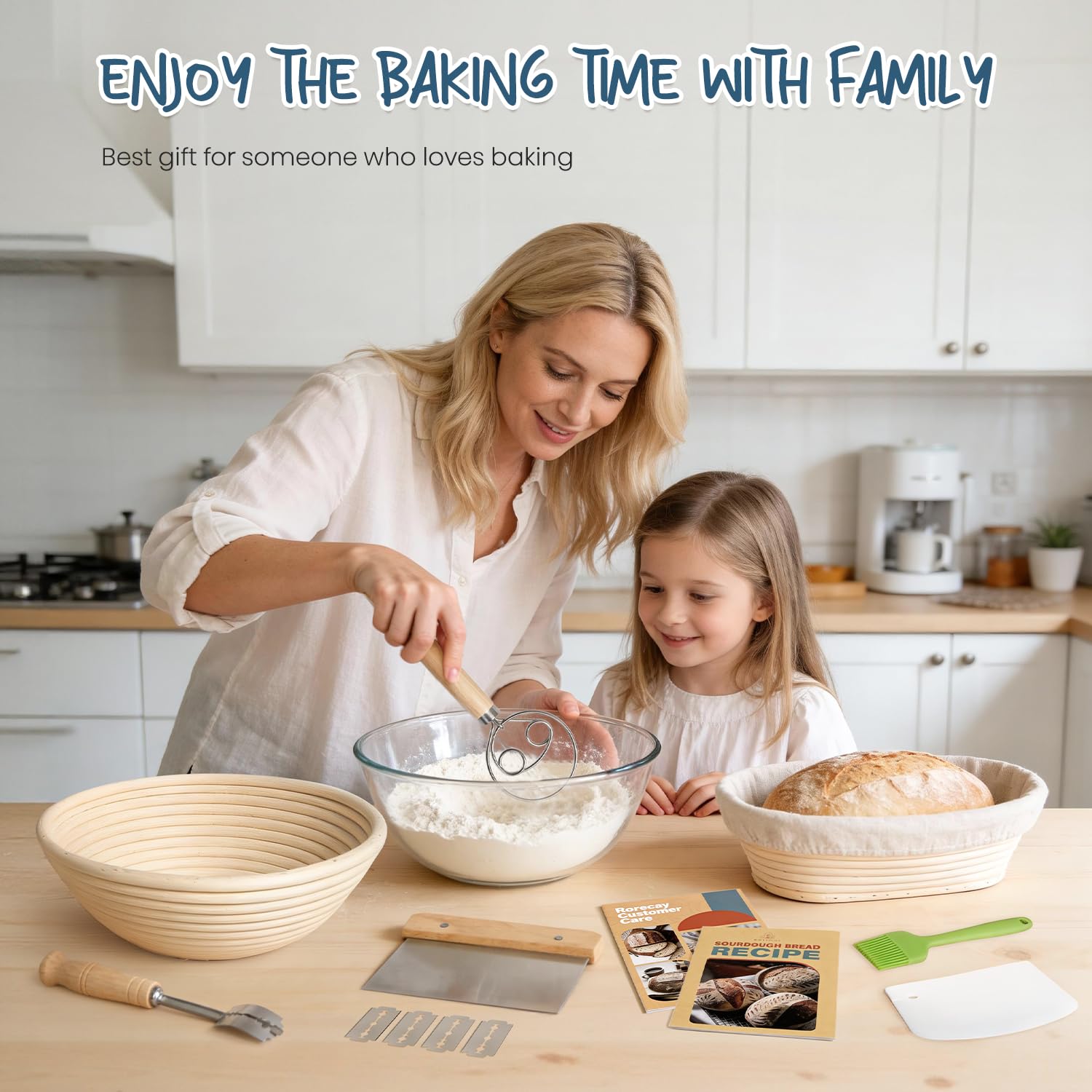 RORECAY Bread Banneton Proofing Basket Set, 9 Inch Round & 10 Inch Oval Cane Sourdough Baskets with Dough Whisk Lame Dough Scraper Bowl Scraper Silicone Brush Sourdough Bread Baking Supplies