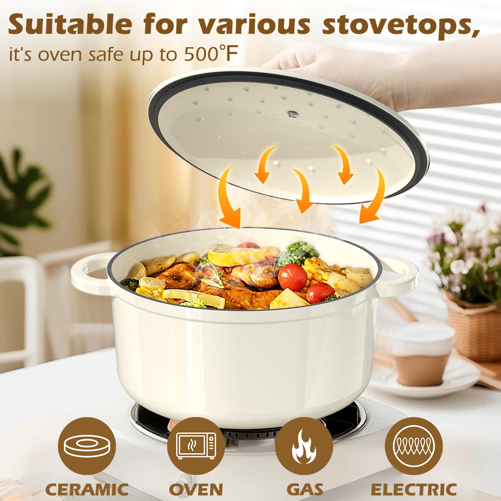 Enameled Cast Iron Dutch Oven - Umite Chef 5QT Pot with Lid & Cotton Potholders - Heavy-Duty Cookware for Bread Baking, Braising, Stews, Roasting(Cream White)
