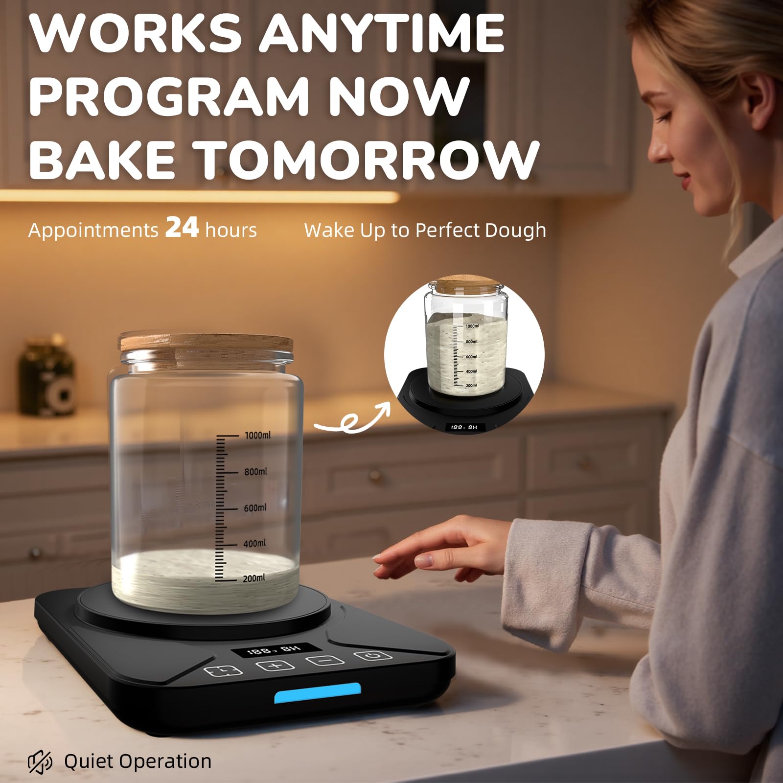 Sourdough Starter Warmer Mat - 24H Timer - Precise 1°F Thermostat Control (70-100°F) - Smart Memory Warming On/Off - Fits Jars Up to 40oz - Perfect for Home Baking (Black)