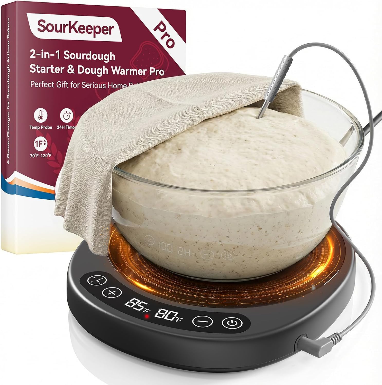 SourKeeper, Larger 2-in-1 Sourdough Starter Warmer Pro - 2026 Upgrade Larger Heating Plate, Dough Temp Probe, 1°F Control (70–110°F), 24H Timer, Real-Time Monitoring, for Beginner Bakers Black