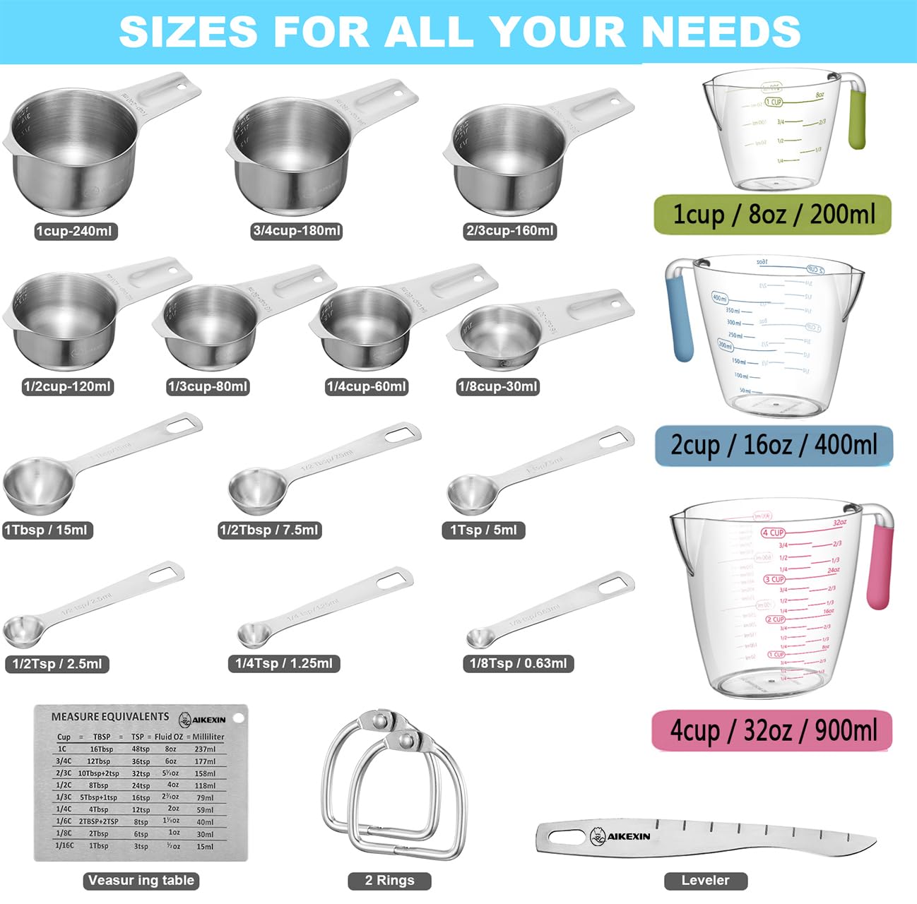 AIKEXIN 20-Piece Measuring Cups and Spoons Set, Nesting Stainless Steel Measuring Cups Spoons with Plastic Measuring Cup for Dry and Liquid Ingredients, Kitchen Cooking & Baking Gadgets