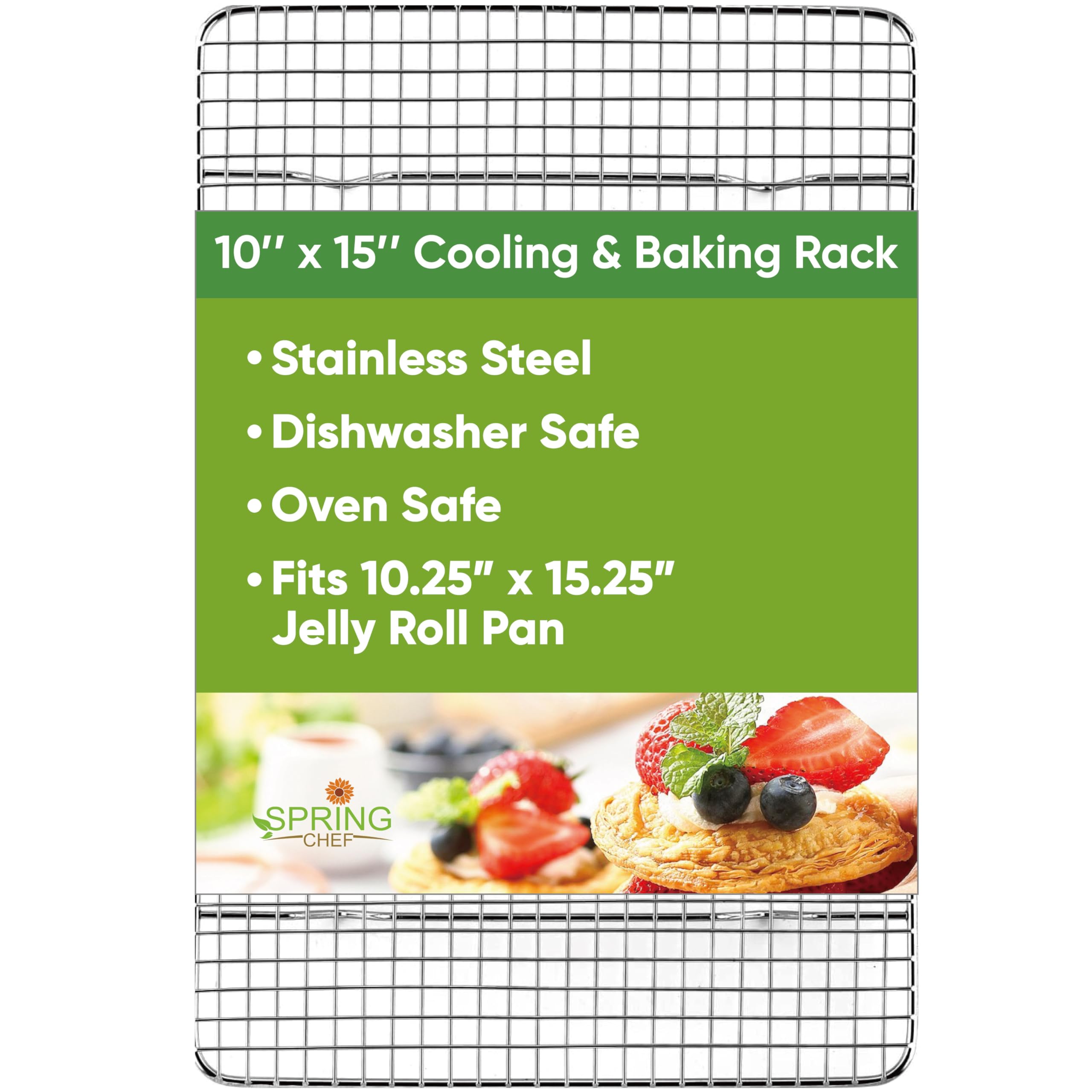 Spring Chef 10 x 15 Inch Stainless Steel Cooling Rack for Cooking & Baking - Heavy Duty Cookie Cooling Rack for Kitchen - Oven Safe - Fits Jelly Roll Pan - Dishwasher Safe
