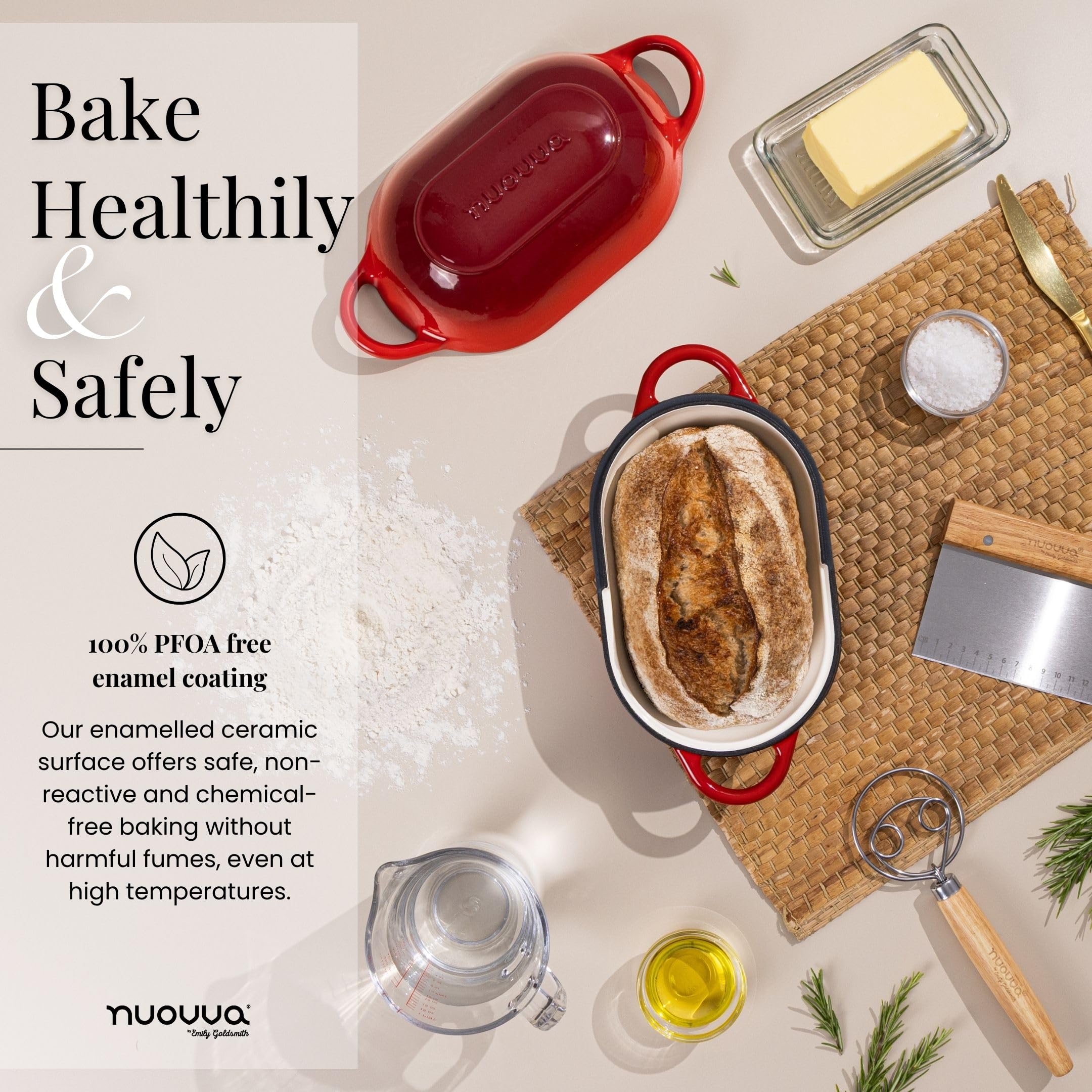 Dutch Oven For Sourdough Bread Baking – Enamelled Cast Iron Bread Loaf Pot – Oven Safe Non Stick Bread Pot – Rectangular, Red, 24cm x 16cm – by Nuovva