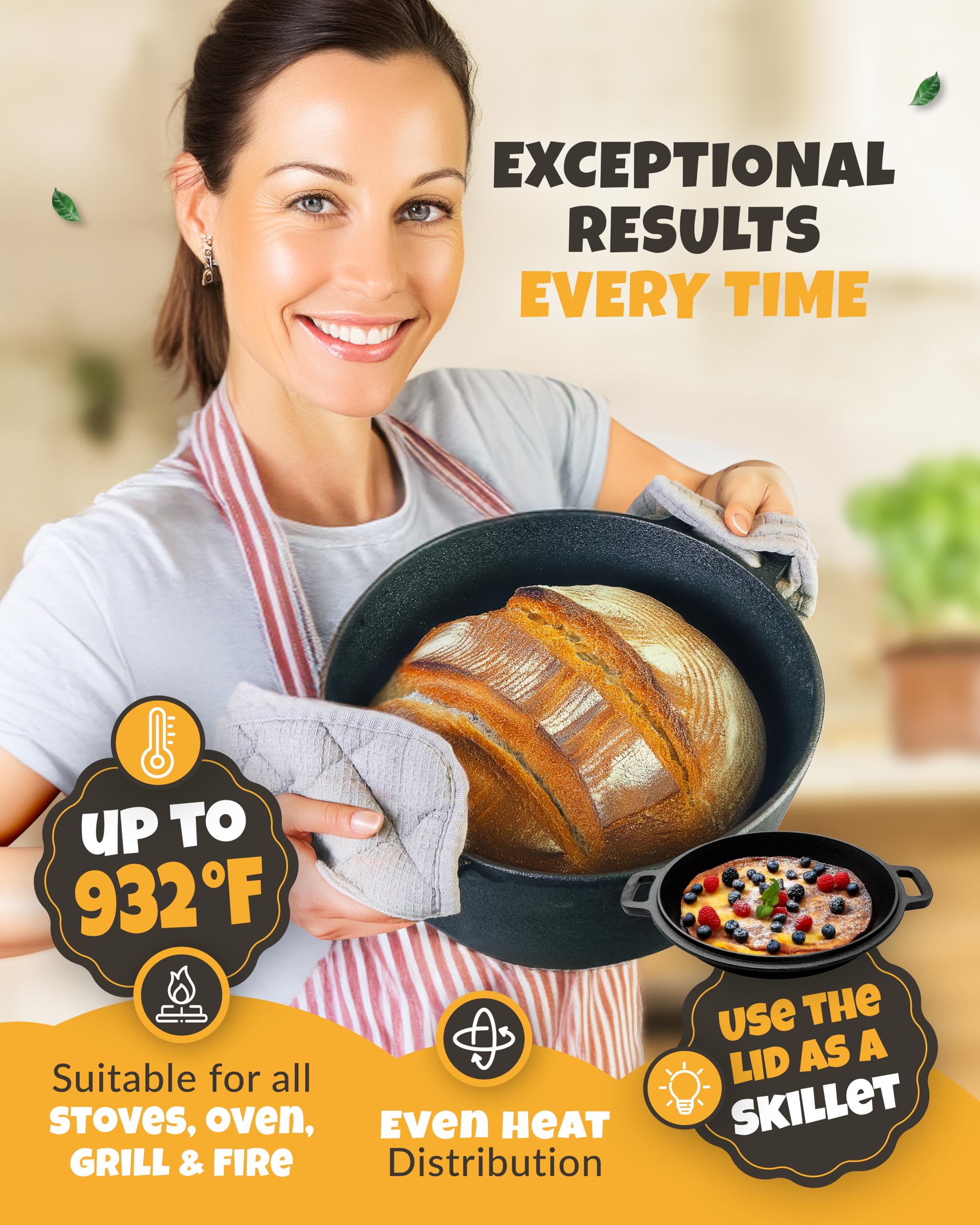 CRUSTLOVE Cast Iron Dutch Oven for Bread Baking - incl. Sourdough Bread-Baking Supplies like Banneton Bread-Proofing Basket - 5QT Bread-Oven with Lid Bread-Making Kit Pan, Pot, Sour Sough Tools, Lame