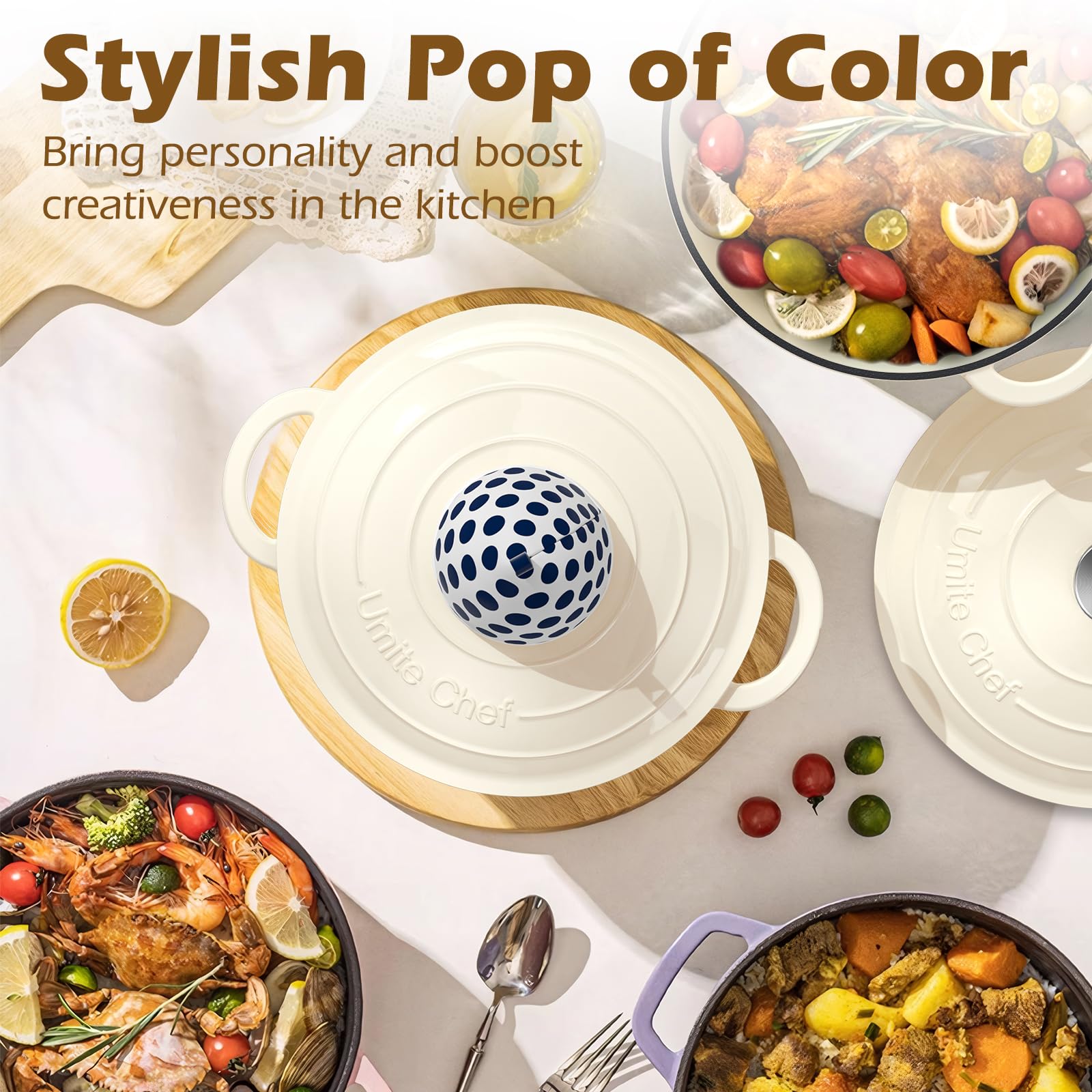 Enameled Cast Iron Dutch Oven - Umite Chef 5QT Pot with Lid & Cotton Potholders - Heavy-Duty Cookware for Bread Baking, Braising, Stews, Roasting(Cream White)