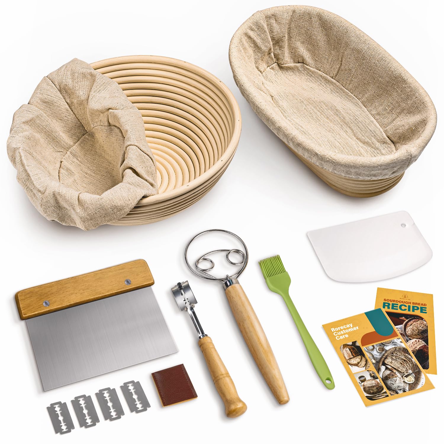 RORECAY Bread Banneton Proofing Basket Set, 9 Inch Round & 10 Inch Oval Cane Sourdough Baskets with Dough Whisk Lame Dough Scraper Bowl Scraper Silicone Brush Sourdough Bread Baking Supplies