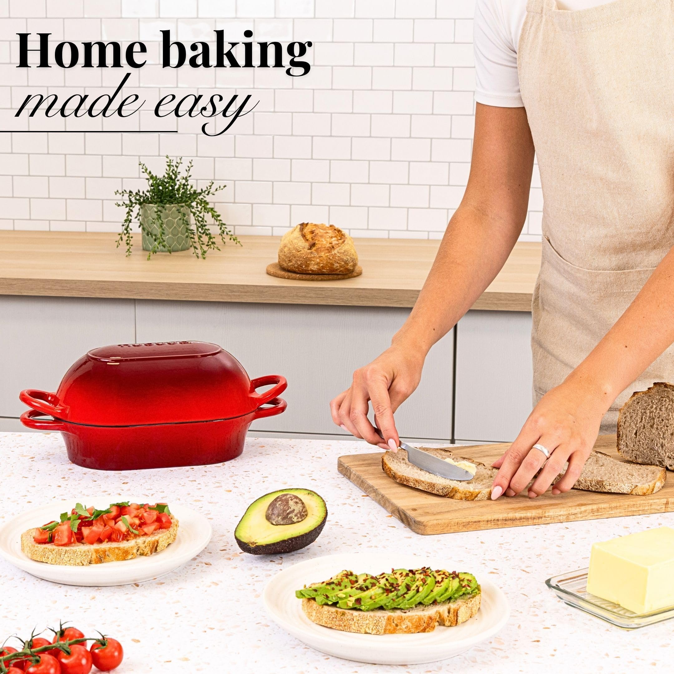 Dutch Oven For Sourdough Bread Baking – Enamelled Cast Iron Bread Loaf Pot – Oven Safe Non Stick Bread Pot – Rectangular, Red, 24cm x 16cm – by Nuovva