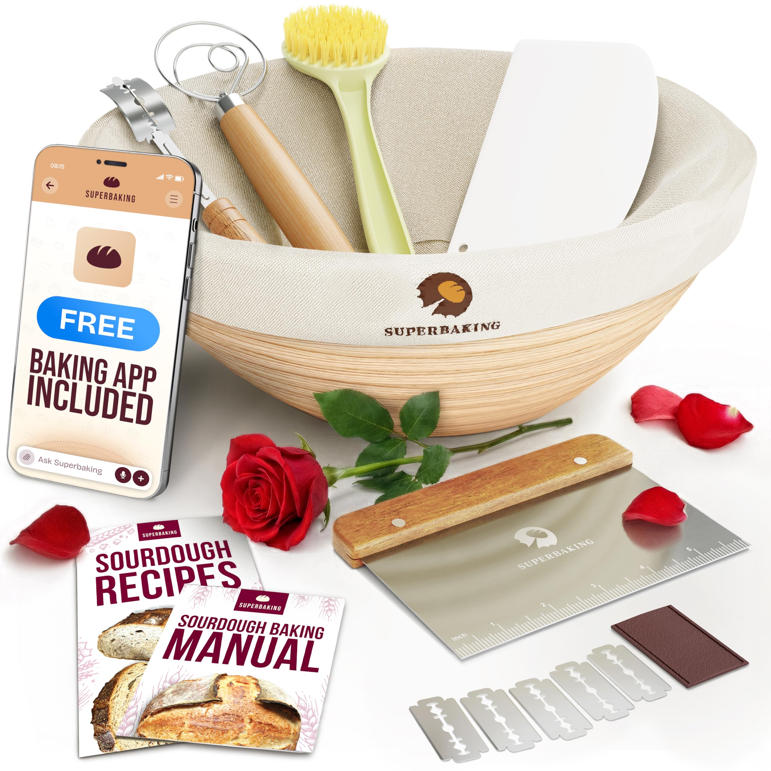 Superbaking Banneton Bread Proofing Basket, Sourdough Bread Baking Supplies, Round 9 Inch Sourdough Starter Kit, Proofing Basket for Baking, Bread Making Supplies Tools, Banneton Basket Gift Set