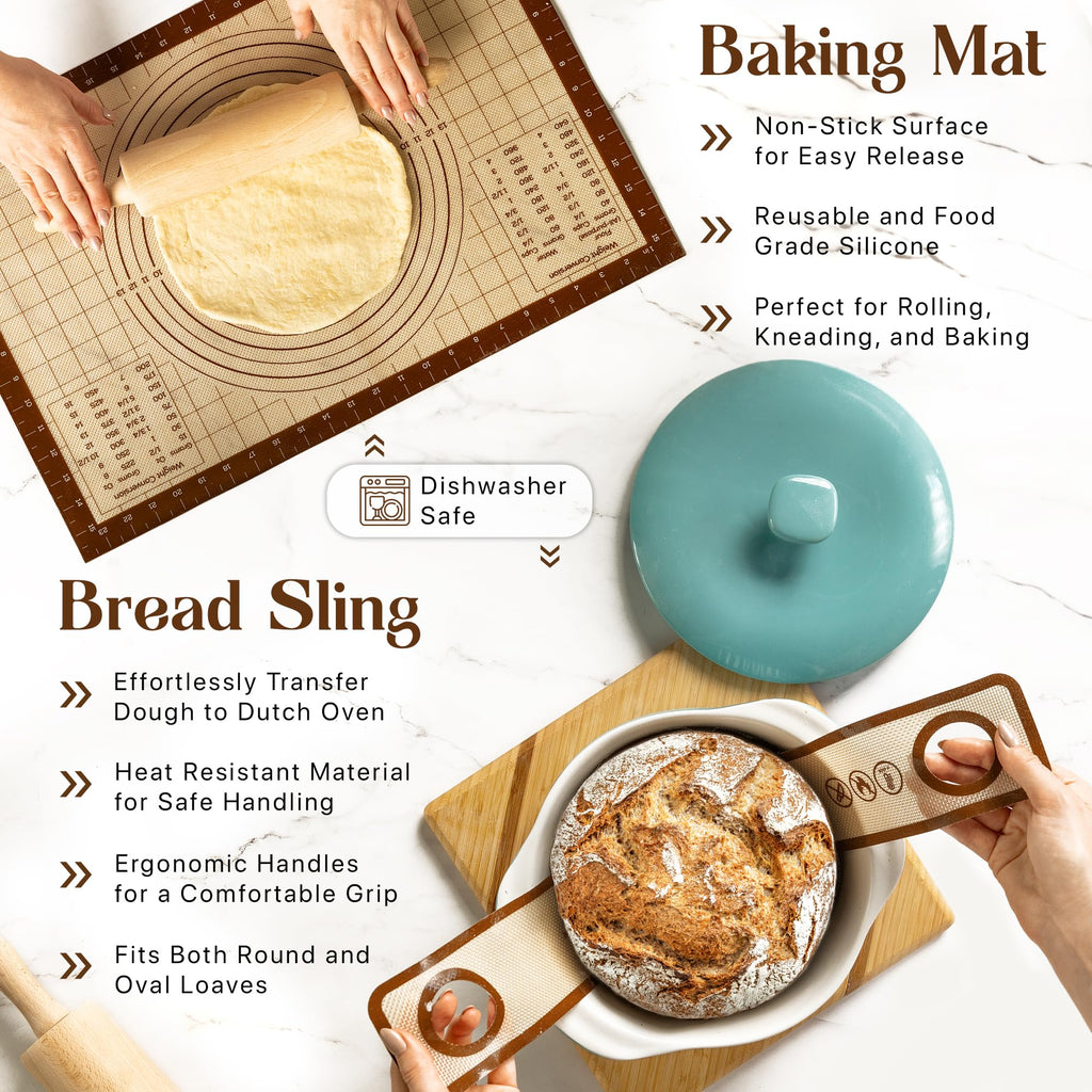 Banneton Bread Proofing Basket Set with Sourdough Bread Baking Supplies, A Complete Sourdough Starter Kit with Bread Lame, Danish Whish, Bowl & Dough Scraper, 2 Bread Slings, and Baking Mat