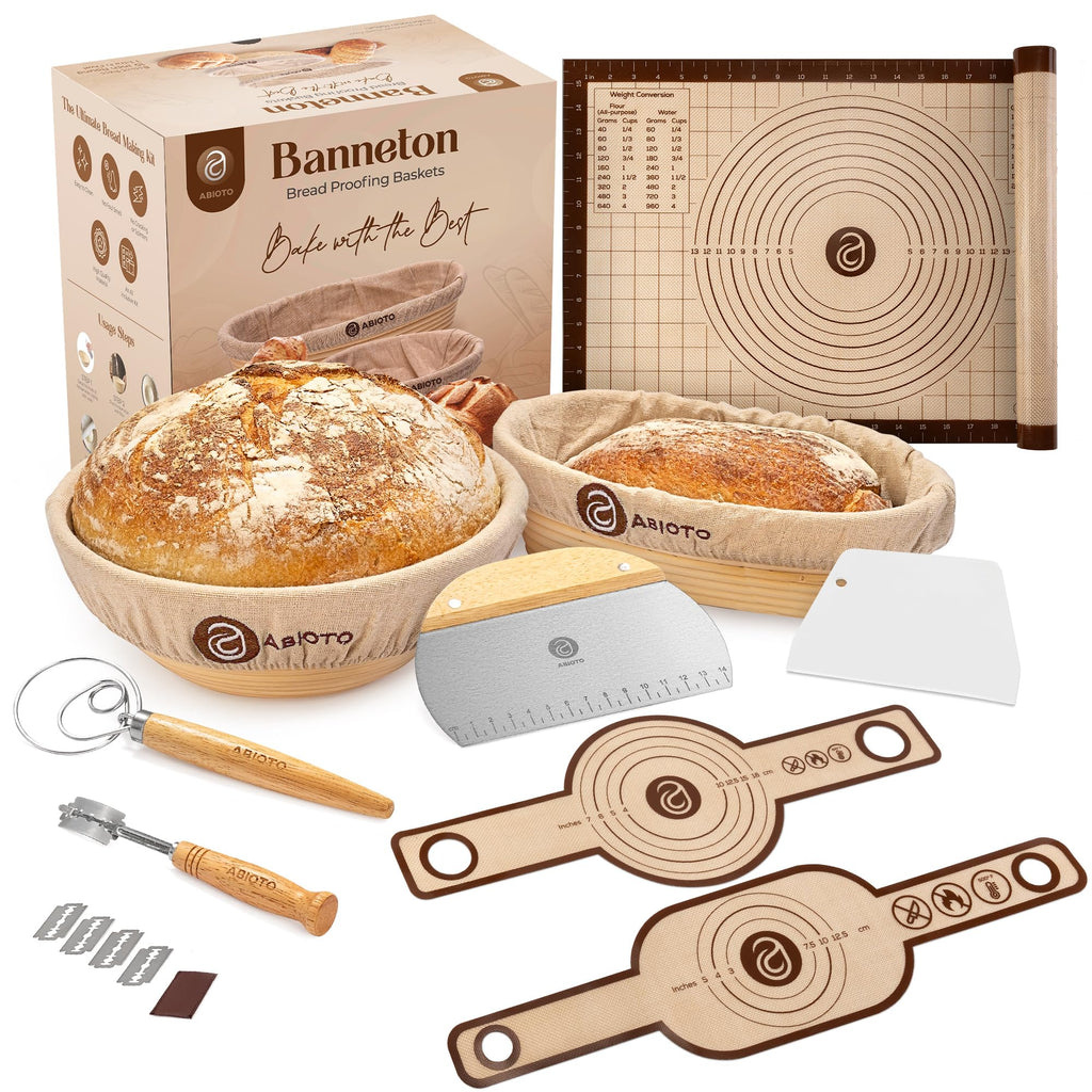 Banneton Bread Proofing Basket Set with Sourdough Bread Baking Supplies, A Complete Sourdough Starter Kit with Bread Lame, Danish Whish, Bowl & Dough Scraper, 2 Bread Slings, and Baking Mat