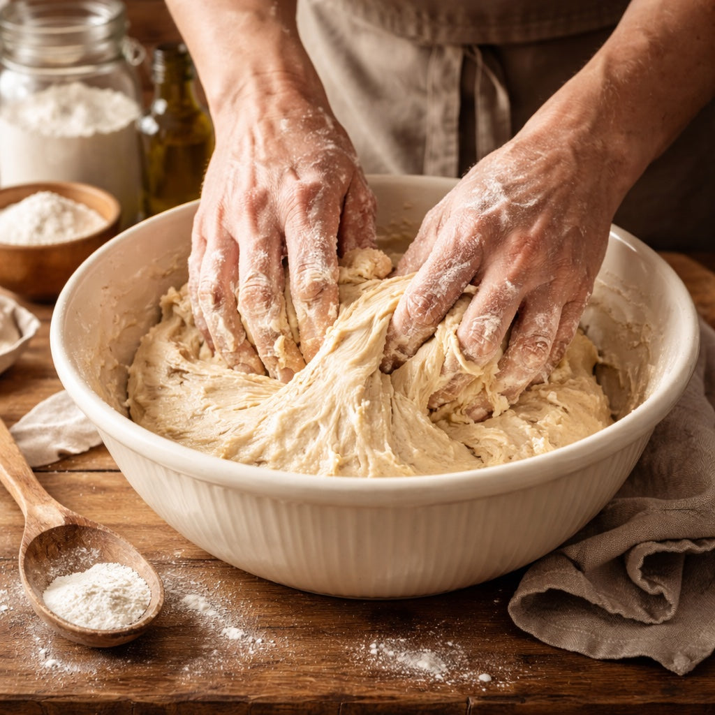 Hands kneading bread dough in a rustic kitchen, demonstrating professional artisan bread-making skills