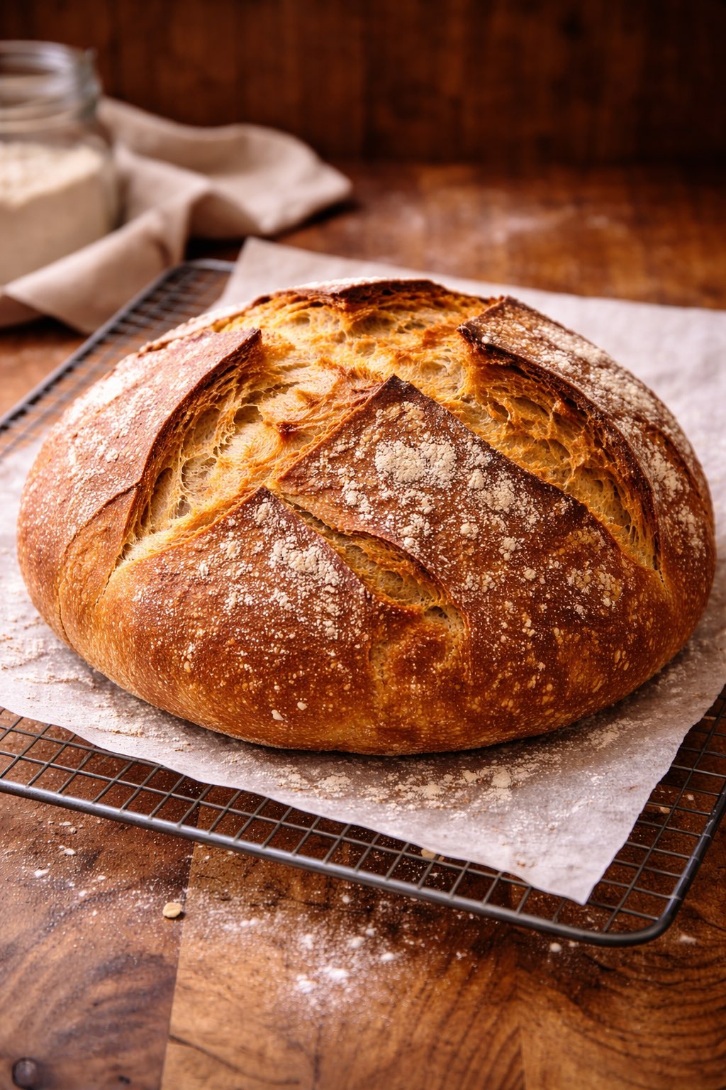 Finished artisan sourdough loaf cooling on a rack, demonstrating proper crust development and professional baking results.