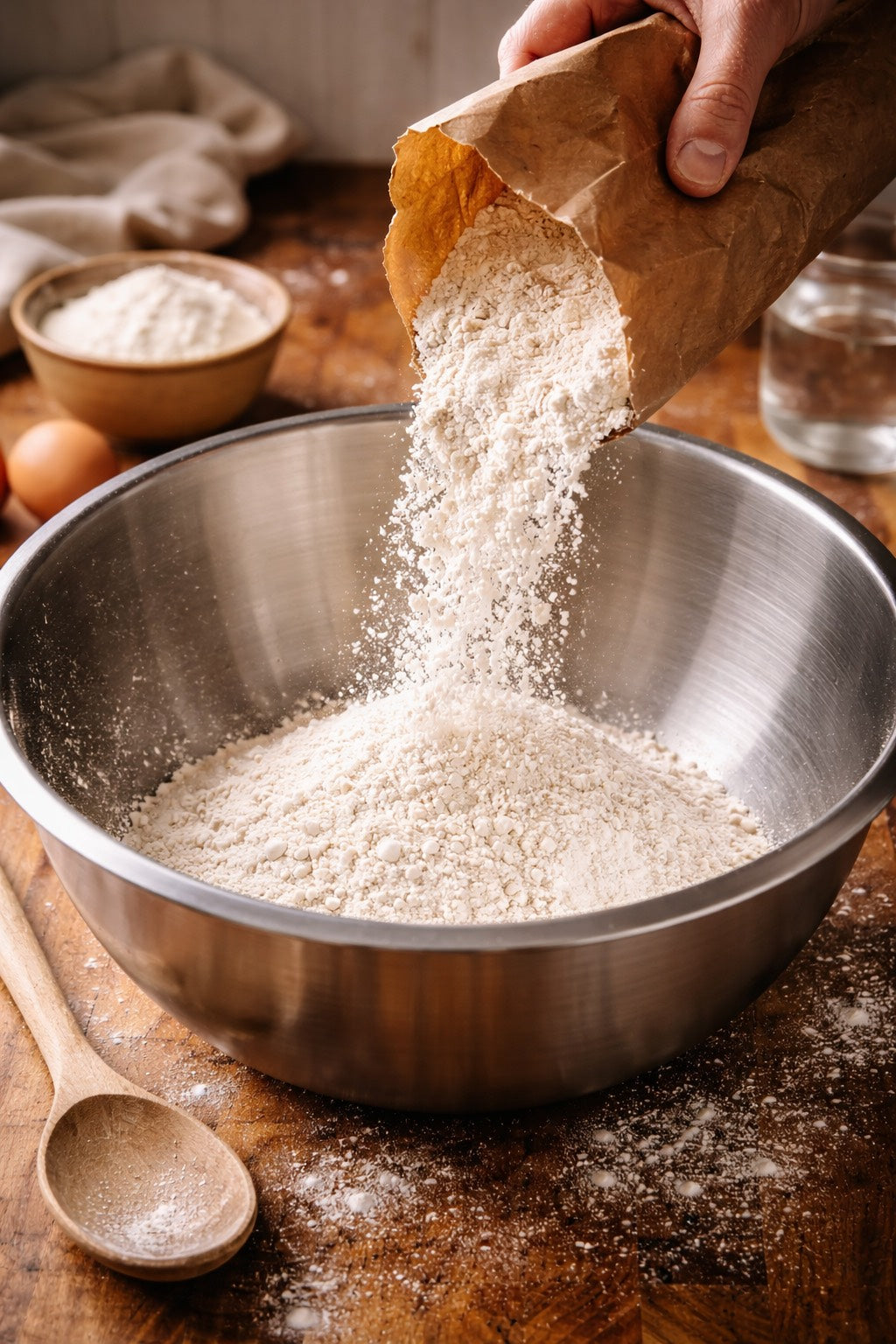 Flour being sifted into a mixing bowl, demonstrating foundational bread-making techniques in the Bread Basics guide
