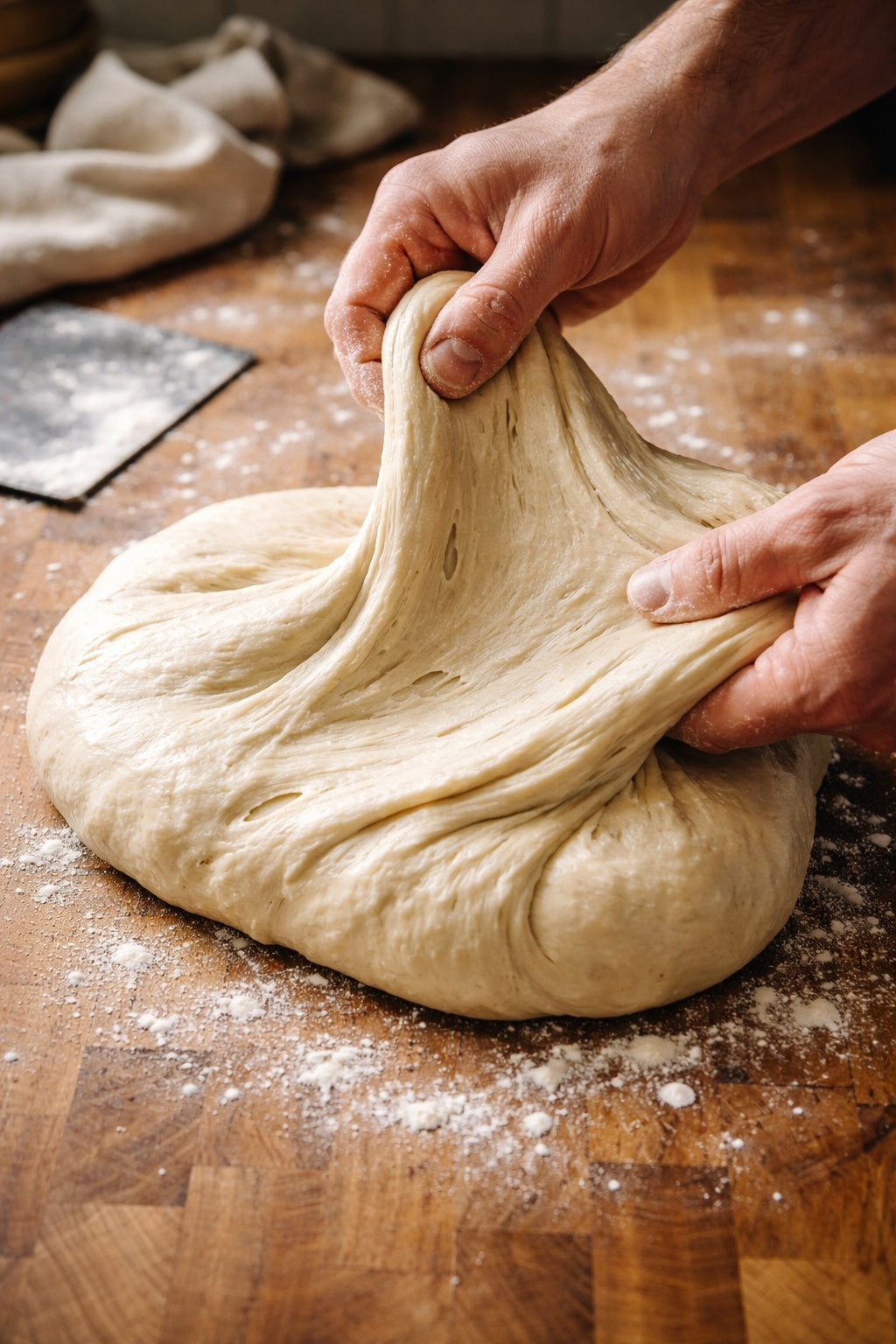 Hands performing a stretch-and-fold technique on bread dough, demonstrating essential artisan bread-making methods.