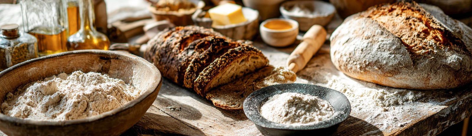 Artisan bread loaves, flour, and baking ingredients arranged on a rustic kitchen table, representing expert bread-making at The Joyful Kitchen.